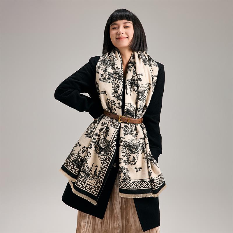 Antique Winter Warm Fashion Advanced Sense Age-Reducing Scarf Literary And Retro Double-Sided Shawl Cape Versatile Scarf Women