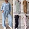 2 Pcs/Set Blouse Pants Set V Neck Long Sleeves Button Decor Top Wide Leg Loose Drawstring Elastic Waist Trousers OL Commute Casual Homewear Outfit