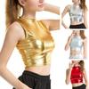 Women Crop Top Round Neck Sleeveless Glossy Solid Color Short Waist-exposed Slim Fit Pullover Club Party Performance Tank Top