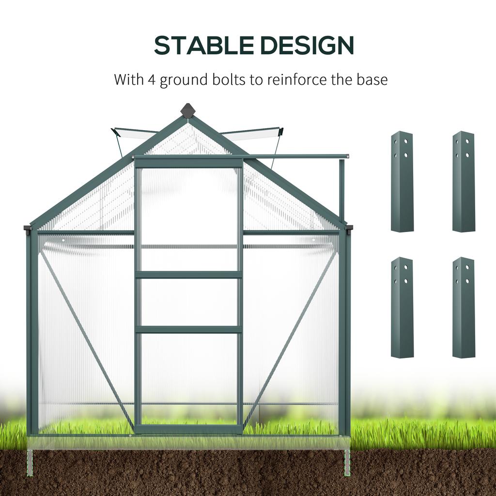6 x 10ft Polycarbonate Greenhouse, Large Walk in Green House with Slide Door and Window, Garden Plants Grow House with Aluminium Frame and Foundation