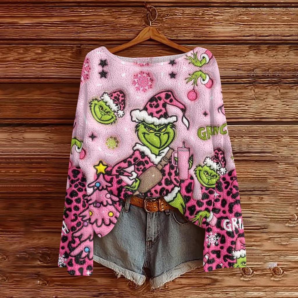 Women's Fashion Round Neck Long Sleeve Christmas Print Casual Knit Pullover Top