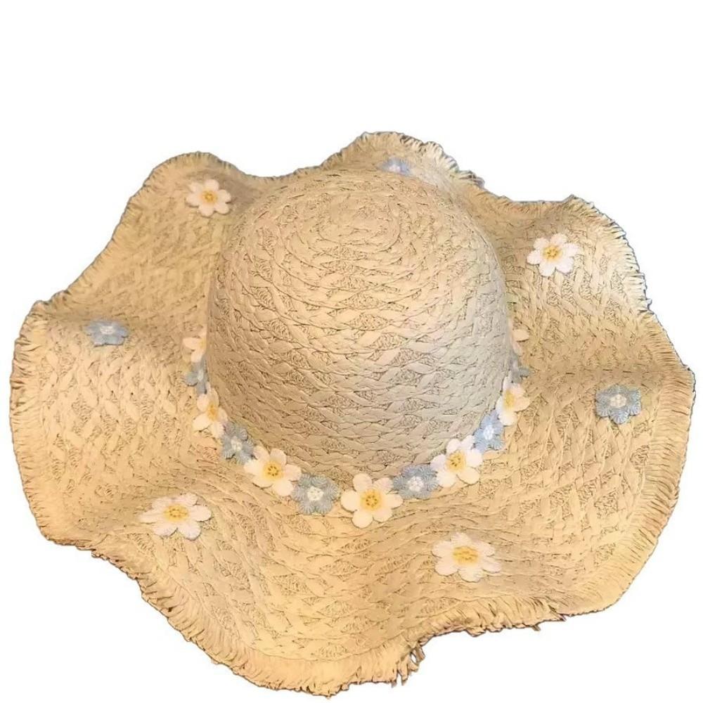 Large Brim Straw Hat Simple Design Floral Pattern Visor Cap Breathable Beach Hat Sun Protection