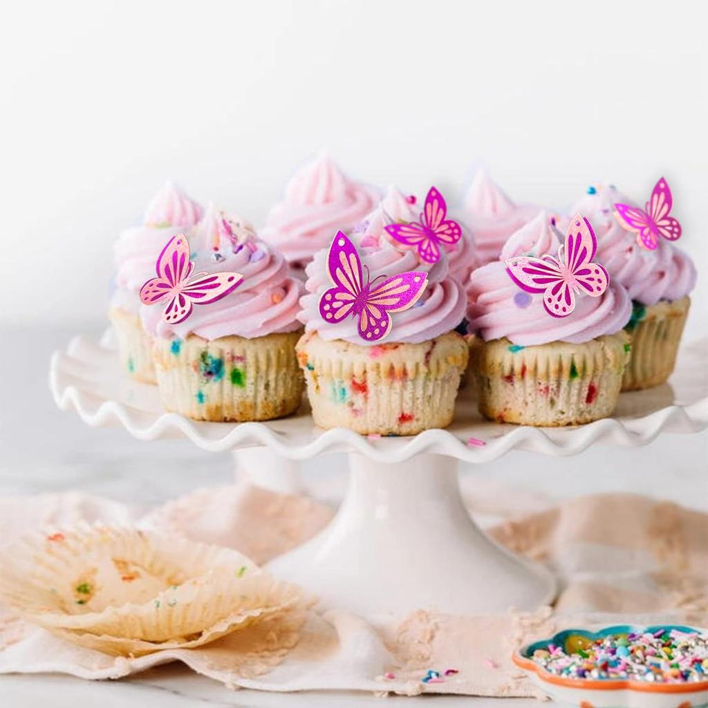 13 шт. Ярко-розовые 3D бабочки, топперы для торта, топпер для кексов для девочек, женский топпер для торта на день рождения, украшение для торта на день рождения