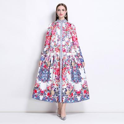 Весна Осень Женские Винтажные Платья с Цветочным Принтом с Подиума Большого Размера Воротник-стойка Однобортное Свободное Длинное Макси Праздничное Пляжное Платье