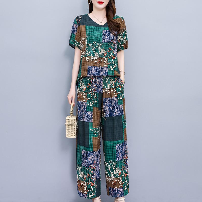 Women Pant Sets Casual Summer 2 Piece Sets Women Elegant Loose Wide Leg Pants and Short Sleeve Blouse