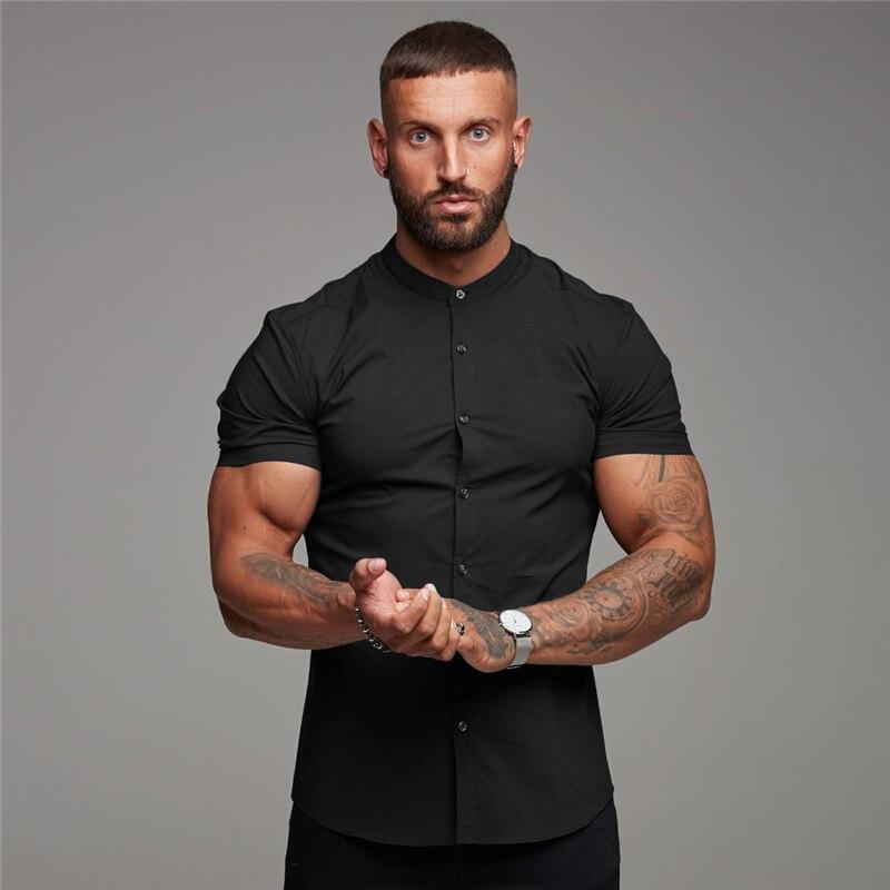 Muscleguys Модная мужская однотонная футболка в стиле ретро с короткими рукавами, летняя повседневная красивая рубашка с простым воротником-стойкой