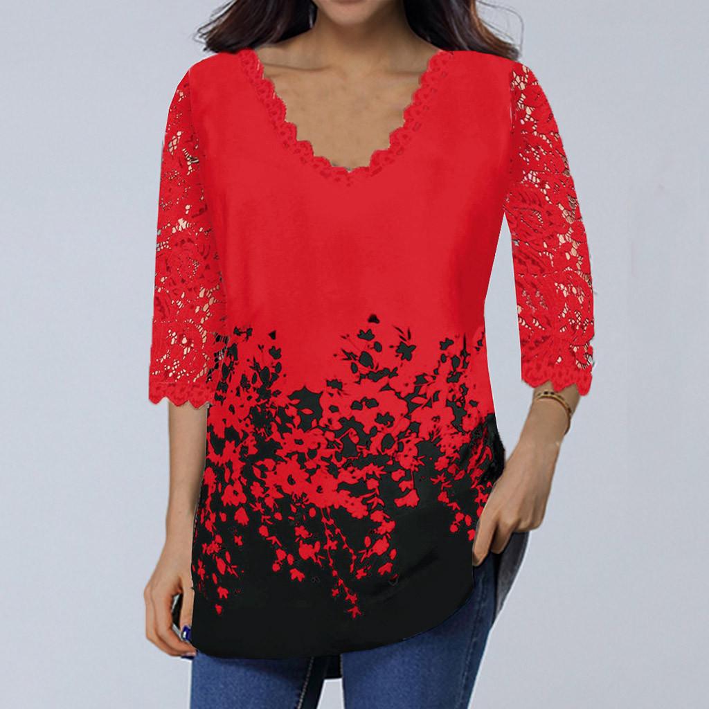 Women's Lace 3/4 Sleeve V Neck T Shirt Ladies Floral Blouse Tunic Tops Plus Size