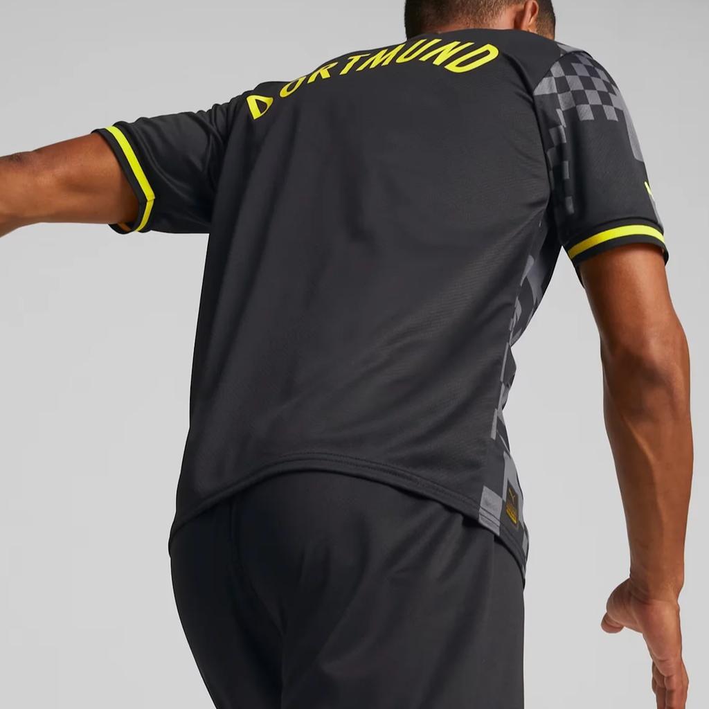 Puma Футболка с коротким рукавом и V-образным вырезом с логотипом, мужские топы Dortmund Away Fan Edition, черные 765884-02