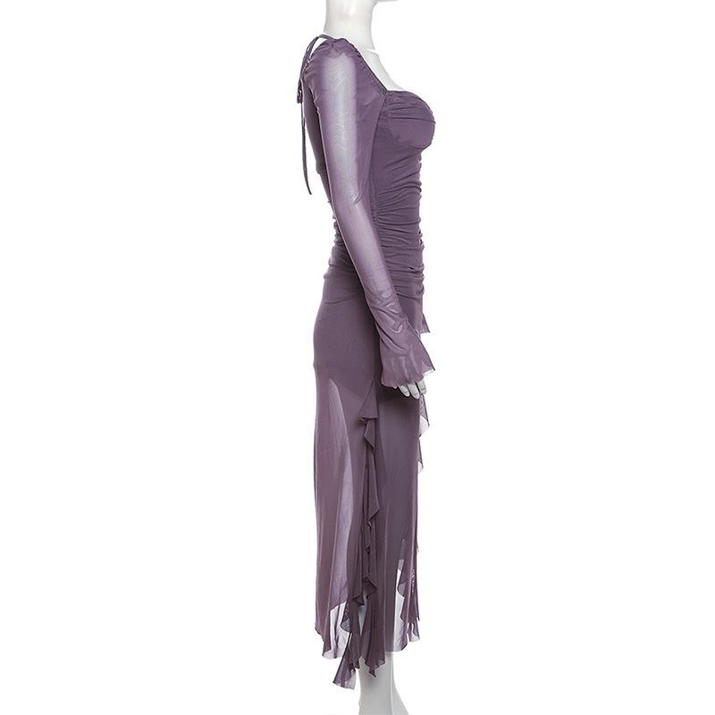 Winter Party Queen Purple Mature Sexy Beautiful Confident Elegant Graceful Women'S Translucent Thin Straight Dress
