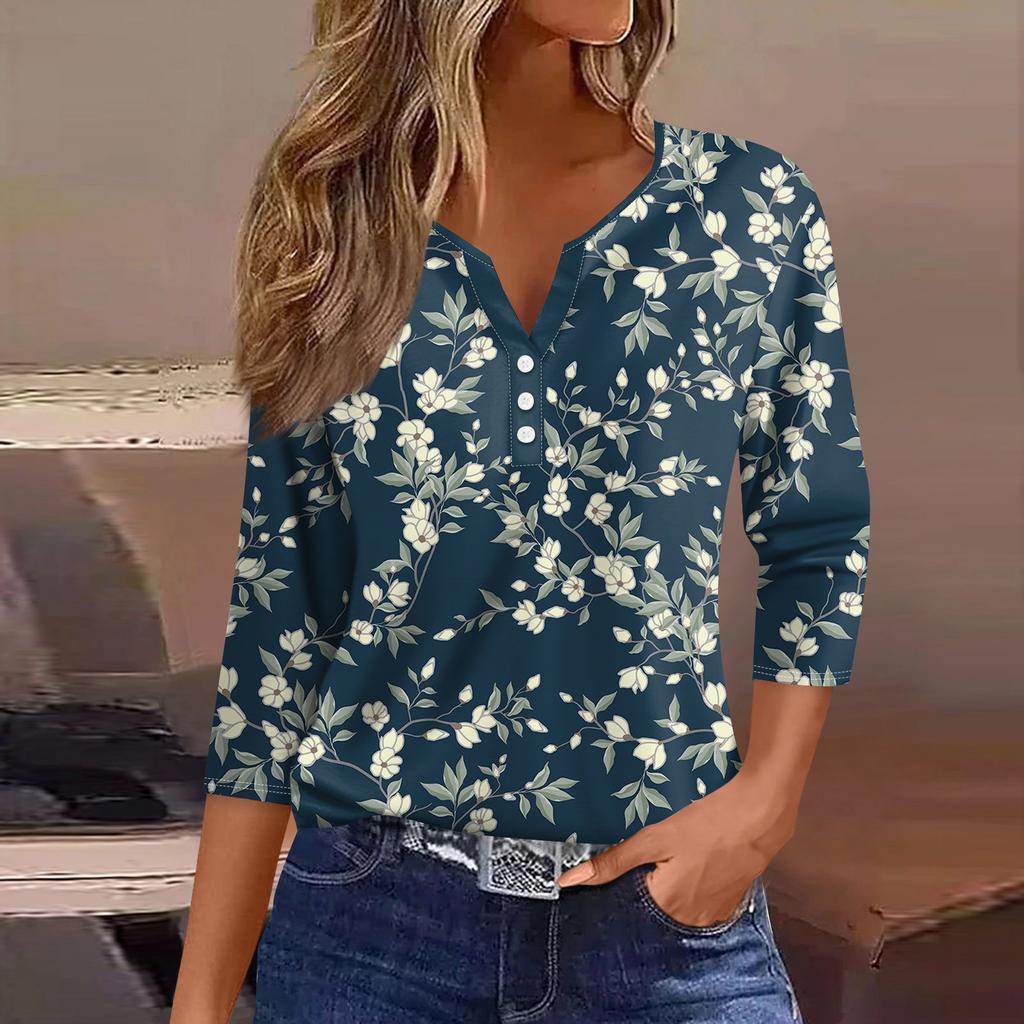 3/4 Length Sleeve Womens Tops Floral Print Vintage Fashion Casual Loose With V Neck Plus Size Shirts