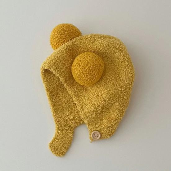 Children Hat with Bear Ear Design Solid Color Button Closure Elastic Breathable Winter Cap Cold Weather Accessory