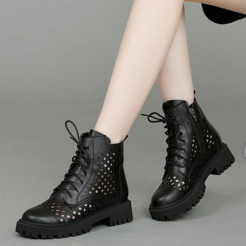 Leather Hollow Martin Boots Women's Sandals 2025 Summer New Women's Shoes Popular Short Boots Breathable Mesh Hole Shoes