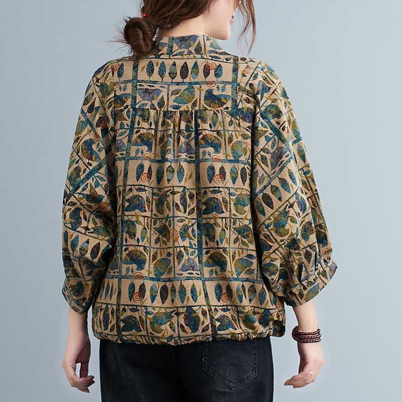 Рубашка из хлопка и льна в стиле ретро, ​​свободная женская блузка большого размера с принтом