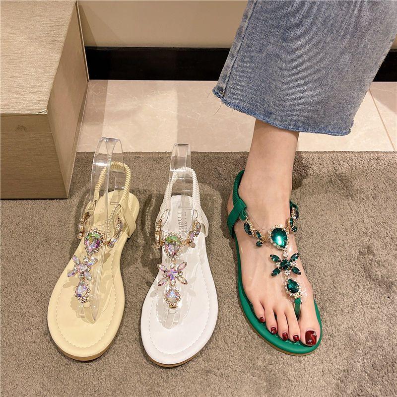 Fashion Summer 2024 Flat Rubber Sandals for Woman Women's Shoes No Heel Crystal Diamond Footwear Rhinestones Green Korea Sandal Designer