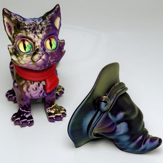 Напечатанная на 3D-принтере фигурка кота-волшебника с подвижными суставами, в шляпе, украшение кота в красном шарфе, кот с большими глазами, игрушка-антистресс с гибкими суставами для снятия стресса, настольное украшение