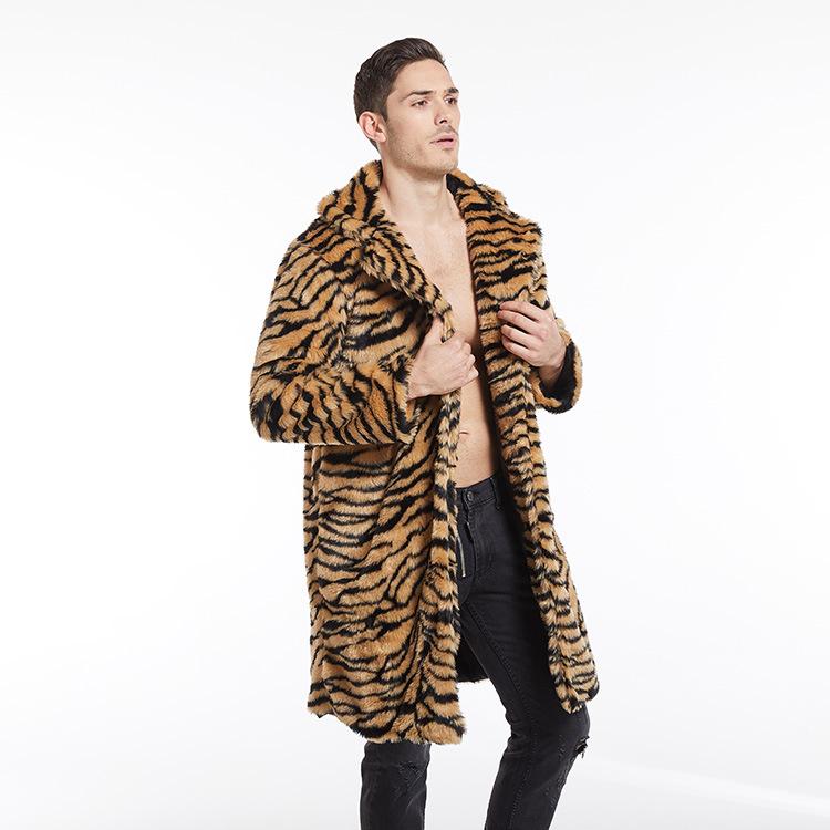 Autumn and Winter New Men's Faux Fur Coat Tiger Pattern Long Coat Fashion Trendy Men's European and American Large Sizes