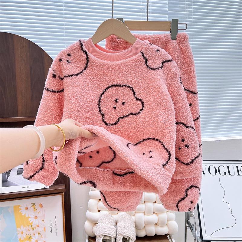 Осенне-зимний комплект пижам для девочек из 2 предметов с рисунком из мультфильма, фланель, мягкие топы для девочек, утепленные теплые штаны