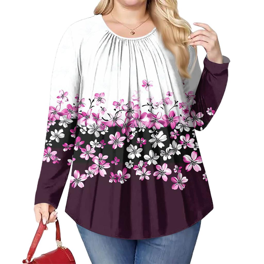 Женский модный топ большого размера с принтом, повседневный плиссированный, с круглым вырезом и длинными рукавами