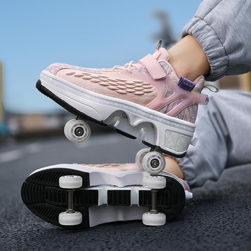 Retractable Four-Wheeled Running Shoes: High-Elastic, Breathable Mesh Roller Skates for Men and Women.