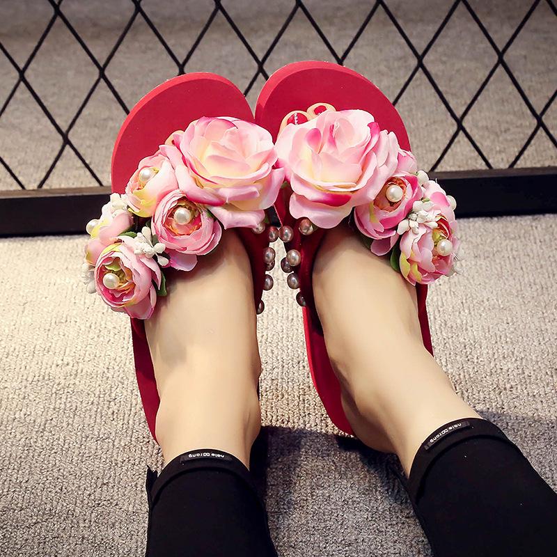 Женские летние тапочки на высоком каблуке 5 см, женские шлепанцы с блестками и цветами, праздничные дышащие нескользящие тапочки, уличная пляжная обувь