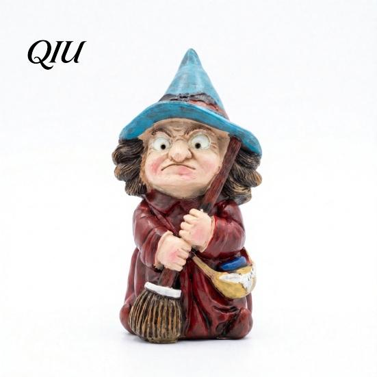 Halloween Witch Ornament on Broomstick Resin Figurine, Gnome Statue with Wizard Hat, For Shelf Vintage Spooky Decor for Desk Table, Gift Lovers