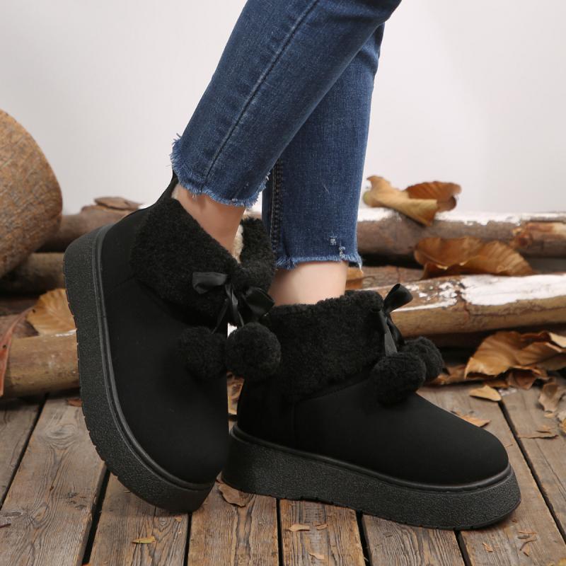 Мягкие Толстая Подошва Пушистые Зимние Ботинки Женские 2025 Зимние Массивная Платформа Пушистый Мех Ботильоны Симпатичный Плюшевый Помпон Бант Хлопковая Обувь