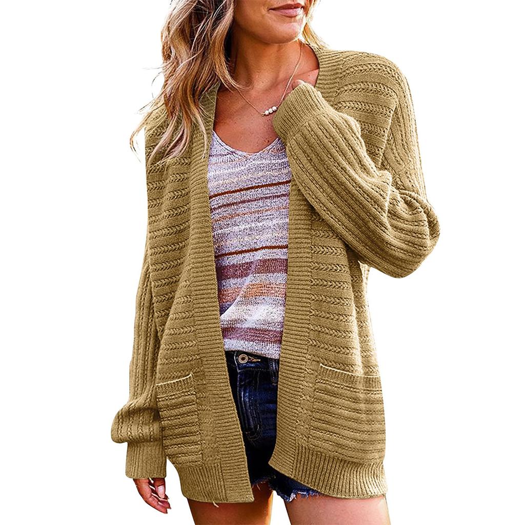 Women's Cardigan Solid Color Knit Sweater Cutout Knit Sweater Jacket With Pockets