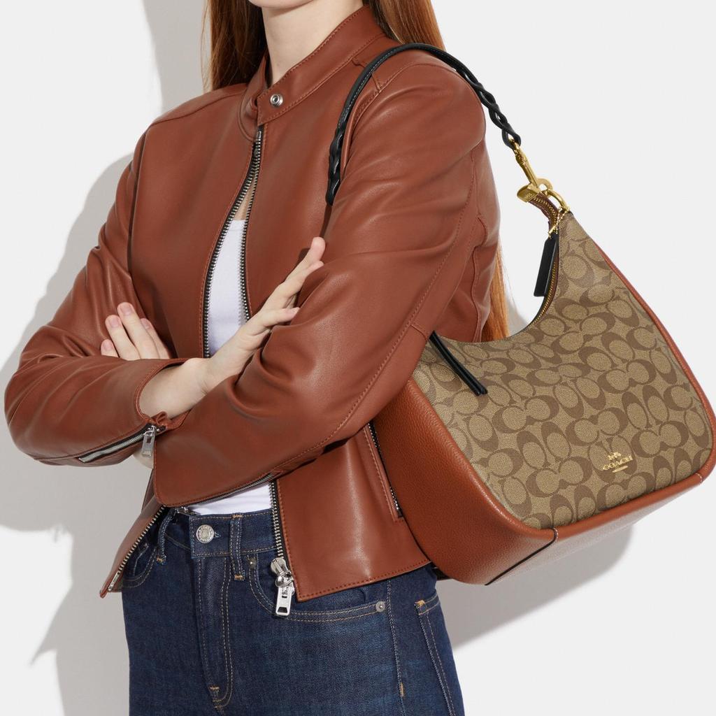 New COACH Jules Canvas With Pebbled Leather And Smooth Leather Handbag Shoulder Bag Crossbody Bag Large Size Women's Khaki CF350-IME7V