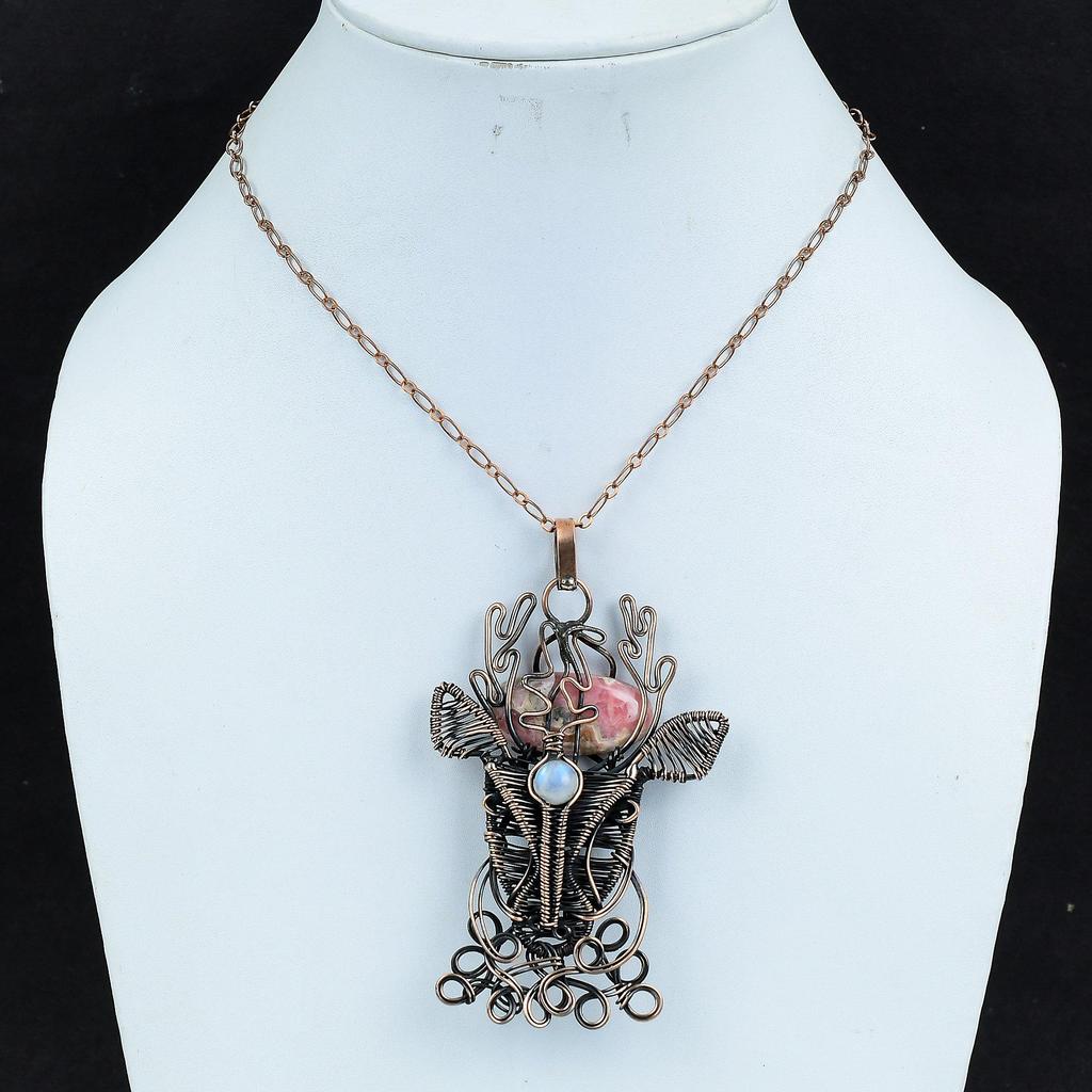 Подвеска из родохрозита, подвеска из радужного лунного камня, подвеска из медной проволоки, ювелирные изделия из драгоценных камней, подвеска в виде оленьей морды, подвеска ручной работы, подарок для нее