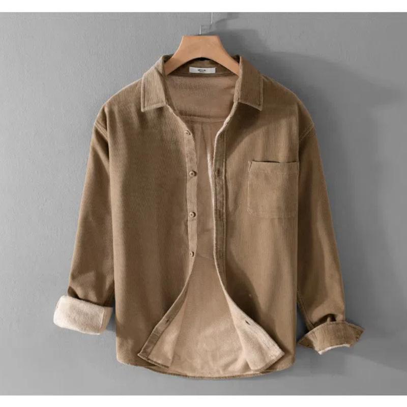 Зимние теплые мужские топы, повседневная повседневная простая мужская одежда, однотонная, с отложным воротником, длинным рукавом, вельветовая флисовая рубашка с карманом