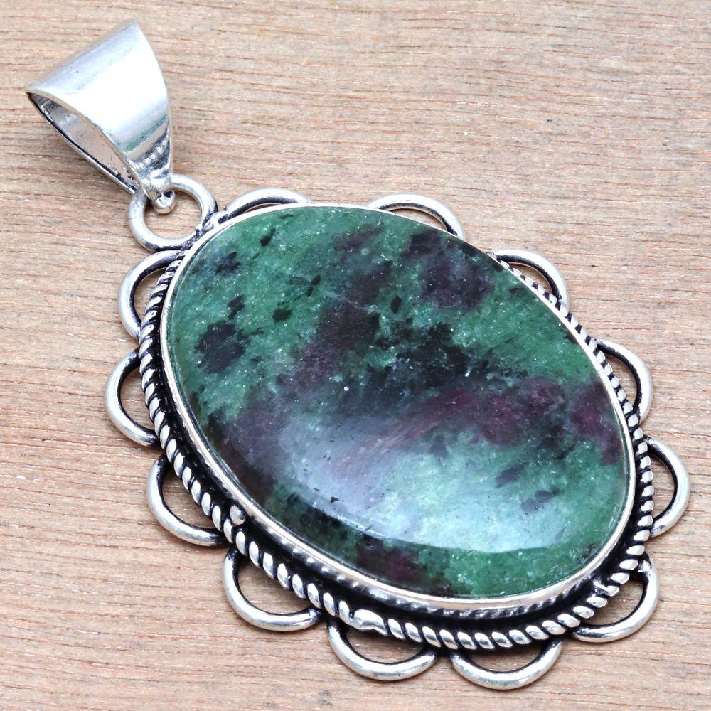 Подвеска рубин цоизит драгоценный камень ручной работы подарок для нее серебряные украшения 2.25"