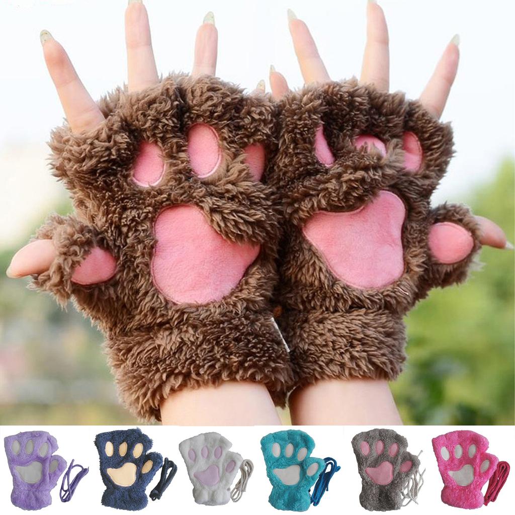 Милые мультяшные женские теплые перчатки без пальцев перчатки с изображением кошек