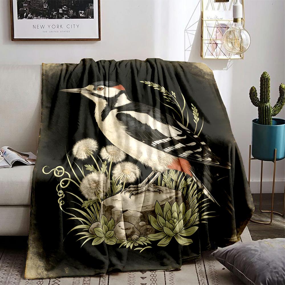 Woodpecker Nature blanket with Floral Artwork and Black Background blanket, suitable for use in the bedroom, living room, on the sofa