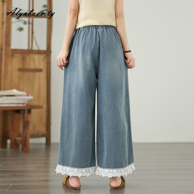 Plus Size Spring Summer Women Straight Jeans High Waist Casual Loose Basic Dark Blue Denim Pants Lace Patchwork Wide Leg Jeans