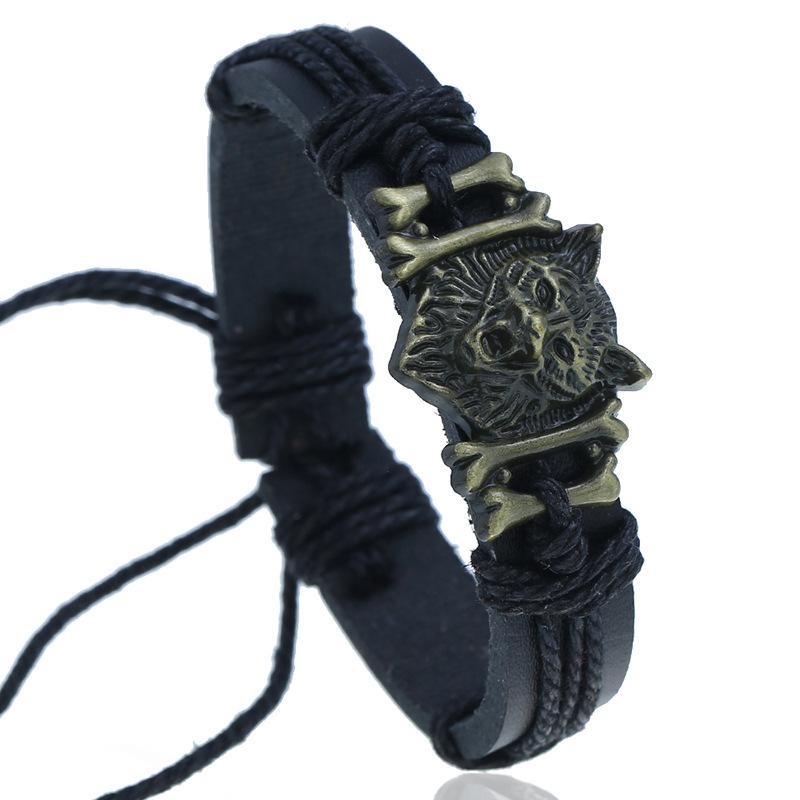 New Jewelry Vintage Woven Leather Bracelet Rope Ancient Copper Alloy Wolf Head Imitation Cowhide Bracelet Jewelry