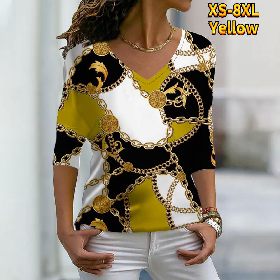 Женские осенние футболки с длинными рукавами с цветочным принтом и золотой цепочкой, свободные футболки с v-образным вырезом, большие размеры, топы, удобная блузка