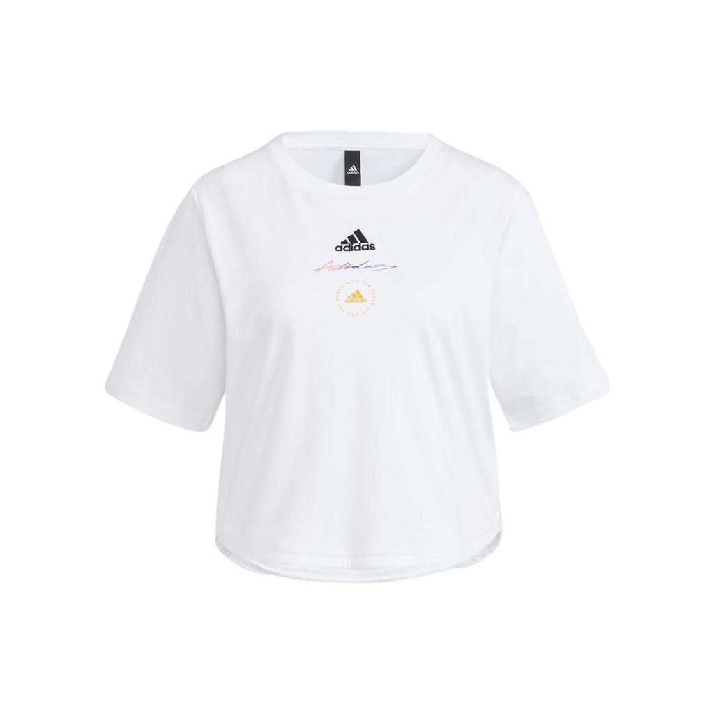 Adidas Solid Color Logo Print Casual Sports Crop Top T-Shirt Women Tops White HE9983