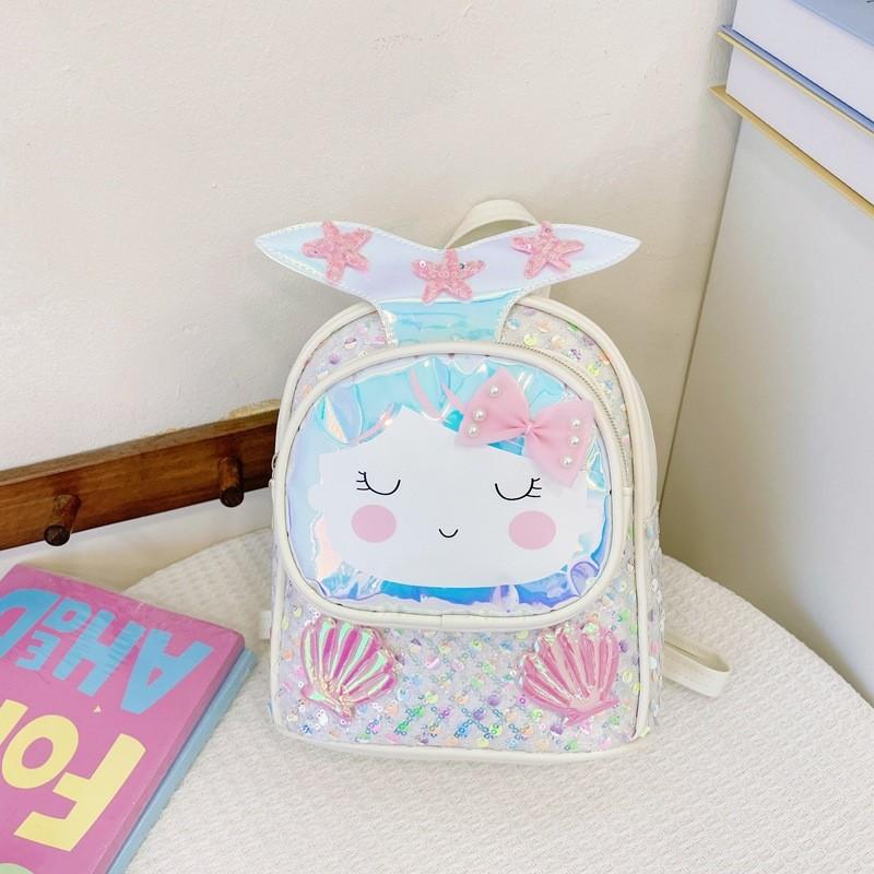 Children Backpack Girls With Shiny Shell Mermaid Tail For Kindergarten Use
