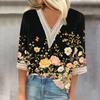 Женская модная футболка с V-образным вырезом и кружевным винтажным цветочным принтом, повседневный топ с семью рукавами