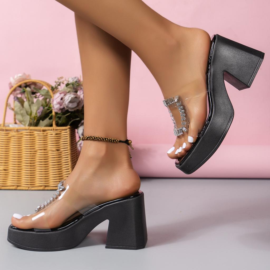 Женские летние тапочки на высоком каблуке с квадратной головкой, женские модные пляжные сандалии на толстой подошве