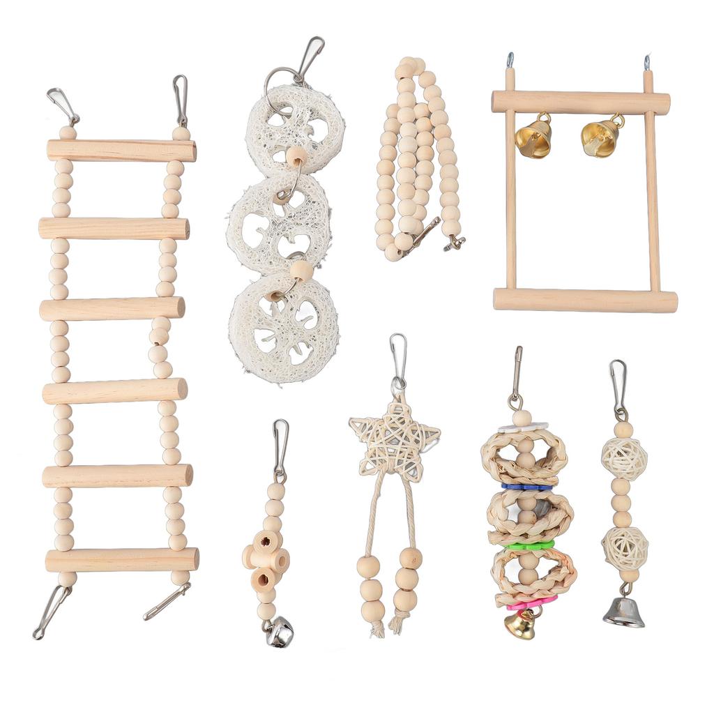 8pcs Parrot Chew Toy Set Hanging Bell Bird Cage Toy Climbing Ladder Chewing Toys Wood Shredding