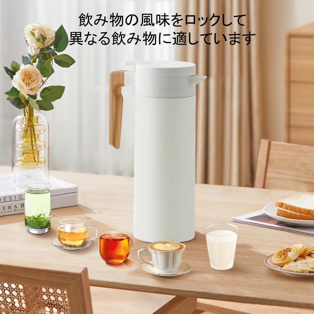 Термос-чайник DUIERA 1,5 литра, Изолированный, 1500 мл, Стильный чайник из нержавеющей стали с деревянной ручкой и крышкой, Настольный, Белый