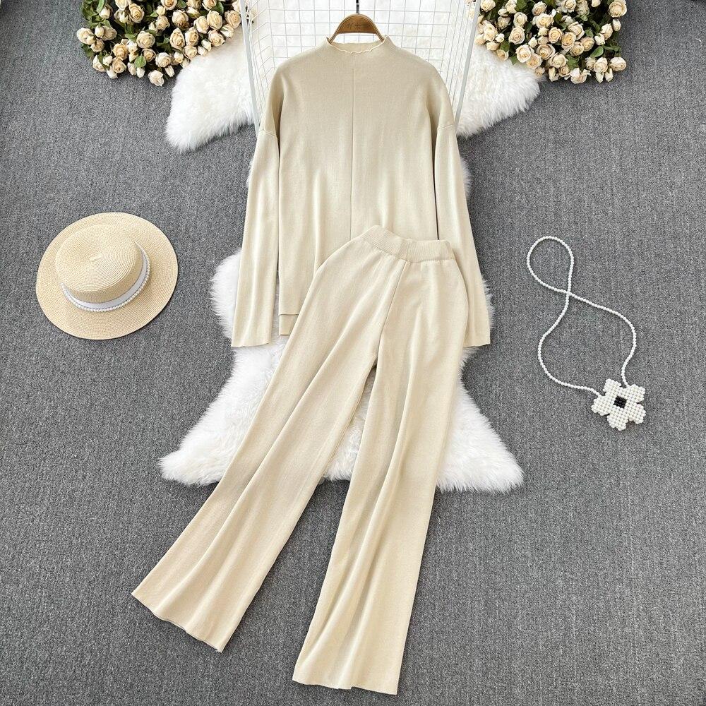 Fashion Collar Loose Long-sleeved Irregular Knit Tops High Waist Thin Straight Pants Two-piece Set