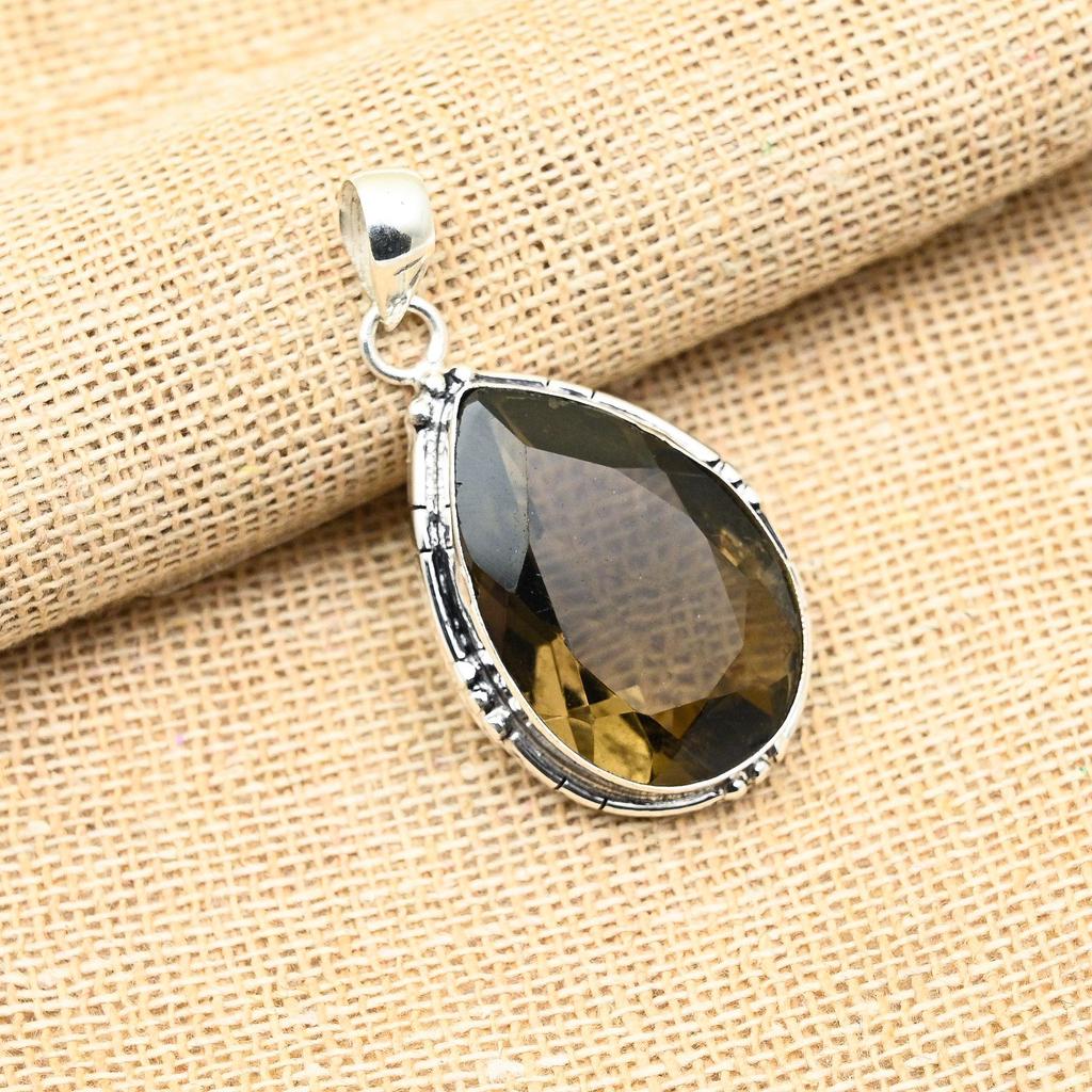 Smoky Topaz Gemstone Handmade 925 Solid Sterling Silver Jewelry Pendant For Wedding Gift