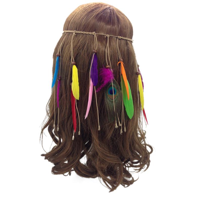 RUI RUI YU, повязка на голову с индийскими перьями, кисточкой, пеньковая веревка, богемная повязка для волос с павлиньими перьями для женщин и девочек, фестиваль
