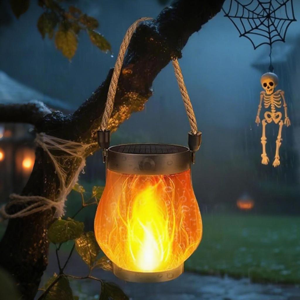 Украшения для дома с привидениями Солнечный фонарь Хэллоуин Мерцающий огонь Солнечный USB 2 способа зарядки Наружный водонепроницаемый фонарь