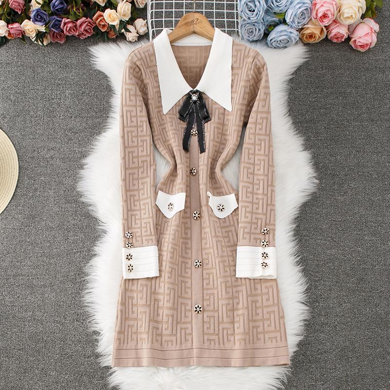 Autumn Winter Women Elegant Polo Collar Designer Print Bowtie Knitted Sweater Office Party Slim Bodycon Sheath Dresses