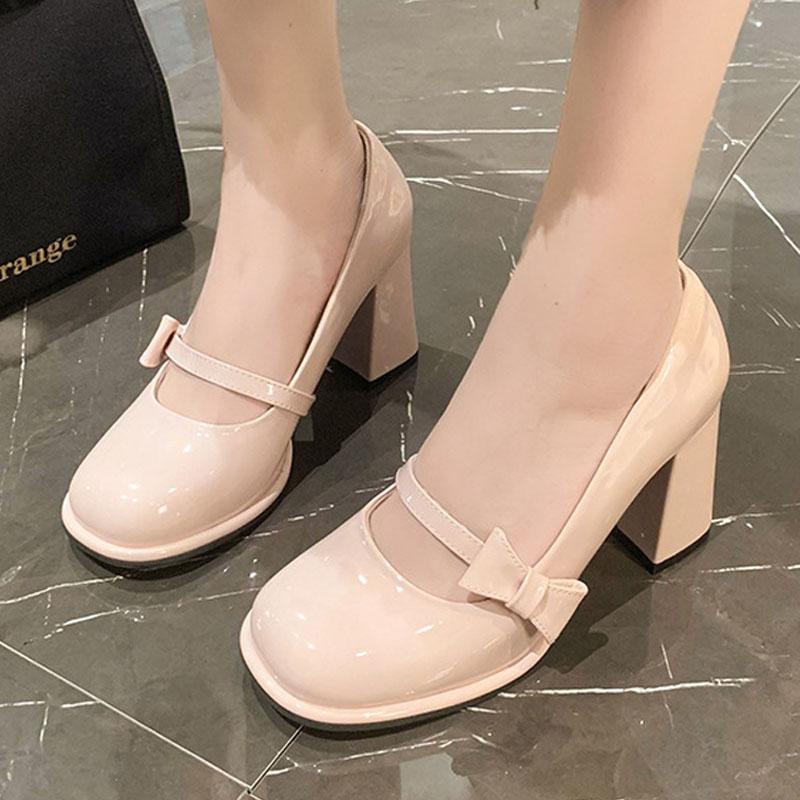 Туфли на высоком каблуке, женская мода, блочный каблук 8 см, бантовый ремешок, туфли Мэри Джейн, туфли-лодочки с квадратным носком, милые туфли в стиле Лолиты, свадебные туфли для невесты