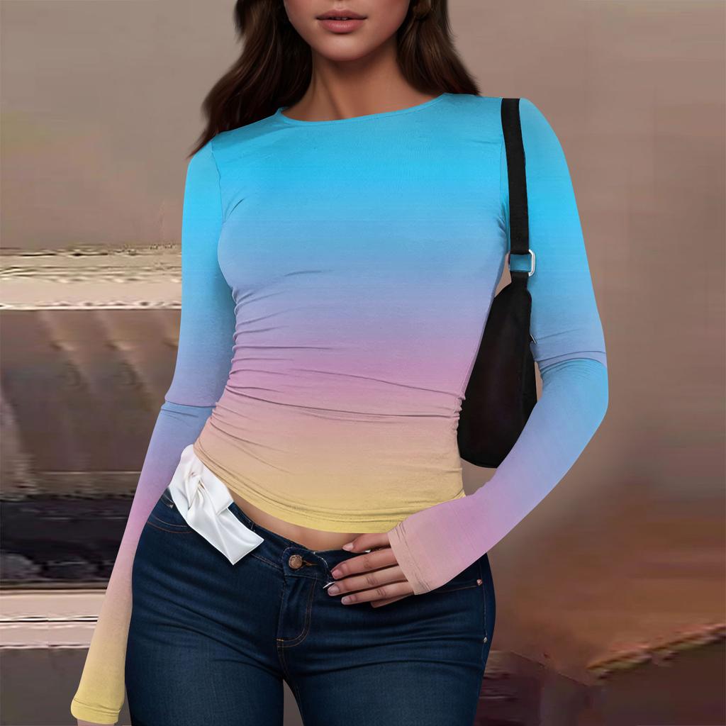 Женская модная повседневная футболка с круглым вырезом и длинным рукавом с принтом