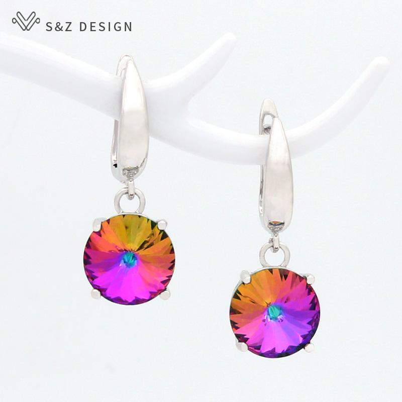 Colorful Round Large Crystal Drop Earrings For Women Wedding Jewelry Fashion Rose Gold Color Eardrop Gift